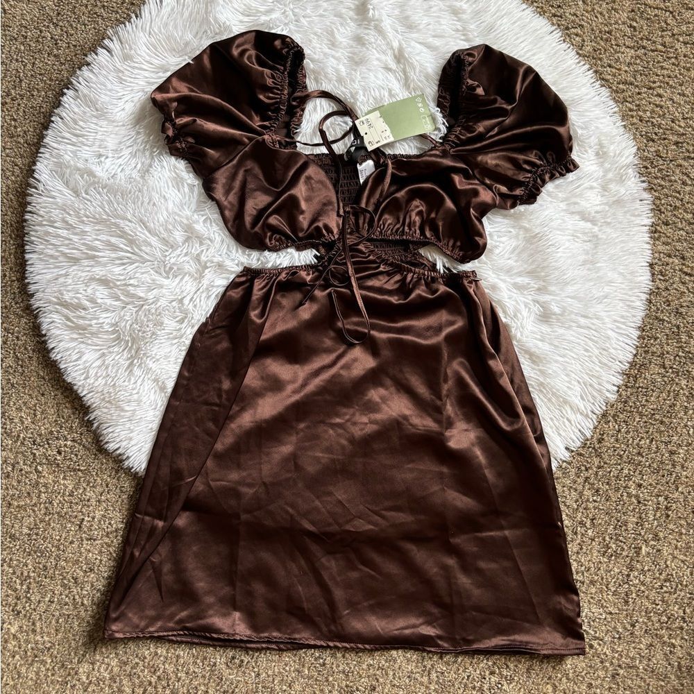 H&M Divided Dress New Brown Silky Cutout Sides Womens Size Small